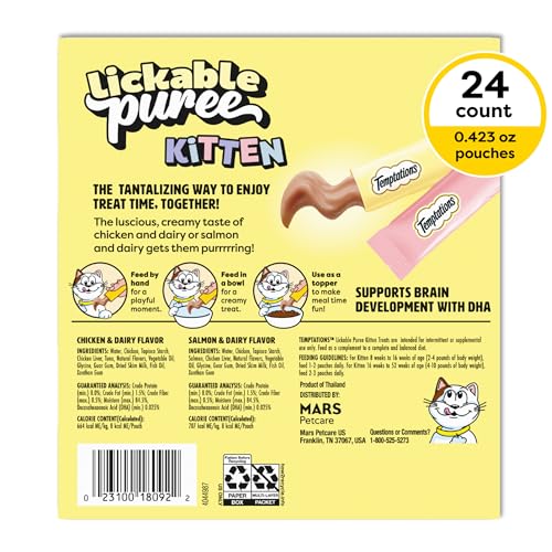 Temptations Puree Kitten Treats Lickable, Chicken and Salmon Variety Pack, 24 Pouches