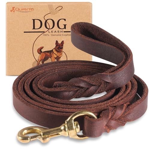 QUMY Leather Dog Leash 6ft, Heavy Duty Dog Training Leash for Large and Medium Dogs, Soft and Strong Genuine Leather Braided Handmade Long Lead Leash