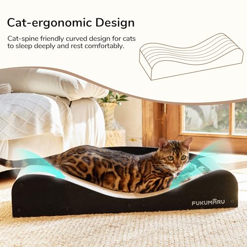 FUKUMARU Cardboard Cat Scratcher Bed, Extra Long 29.1 Inch Cat Scratch Bed Couch Indoor, Natural Felt Multifunctional Cats Scratching Lounger, Horizontal Kitten Cats Scratch Pad with Ball Toy, Black