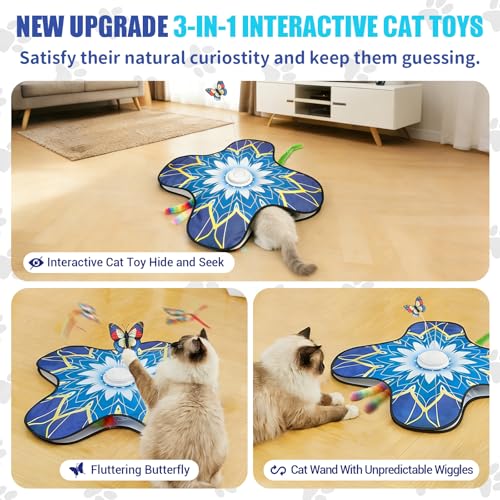 Interactive Cat Toy for Indoor Cats, Touch Activated Automatic Electronic Cat Toy with Sound On/Off, Dual Wands, Non-Slip Suction Cups, Rechargeable