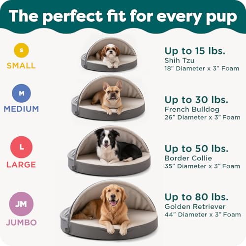 FurHaven Round Orthopedic Dog Bed for Large Dogs, Egg Crate with a Solid Orthopedic Foam Base with Attached Blanket Hood and Removable Washable Cover, Large, Sherpa & Suede Snuggery, Gray