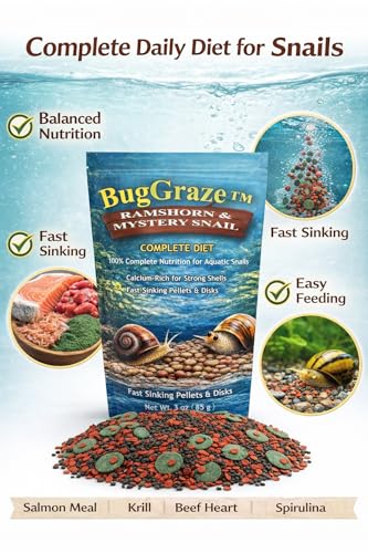 Ramshorn and Mystery Snail Complete Diet Aquarium Snail Food – Calcium-Enriched Sinking Pellets, Wafers & Granules.