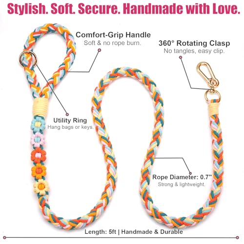 Handmade 5ft Braided Cotton Dog Leash with Unique Floral Handle, Durable and Stylish, Ideal for Small to Large Dogs,Rainbow Mix