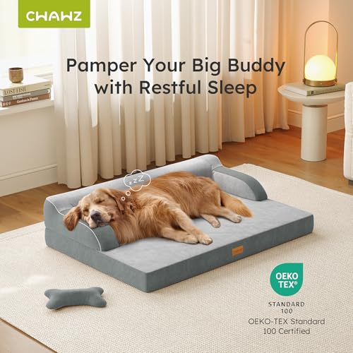 XL Orthopedic Dog Bed, Extra Large Dog Bed, Dual-Sided Pet Cooling Beds with Memory Foam Washable Cover Nonslip Bottom, Waterproof XLarge Pet Couch Beds with Bolsters, Light Grey