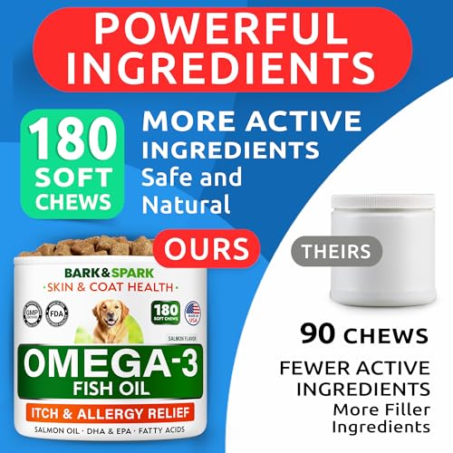BARK&SPARK Omega 3 for Dogs and Cats-180 Fish Oil Treats for Dogs & Cats Shedding, Skin Allergy, Itch Relief, Hot Spots Treatment-Joint Health-Skin and Coat Supplement-EPA & DHA Fatty Acids-Salmon Oil