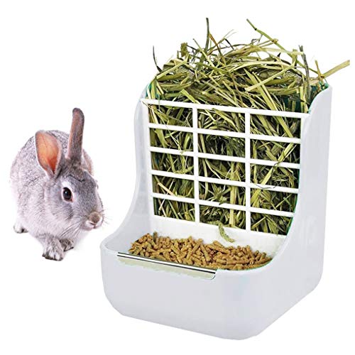 Rabbit Supplies with Bowl & Hay Feeder - Accessories for Bunnies & Guinea Pigs, 6x6x7 Inches (White)