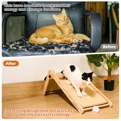 Cat Scratcher, 180°Angles Cat Scratcher, 23.6'' Cat Scratch Pad W/Toy Balls, Cat Scratch Pad for Indoor Cats Kitties, Cats Scratching Board W/Adjustable Shape,2-Sided Sisal Design