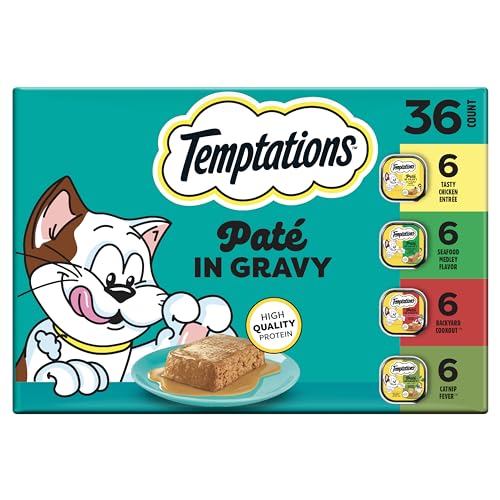 Temptations Pate in Gravy Adult Wet Cat Food Tasty Chicken Entree, Seafood Medley, Backyard Cookout, and Catnip Fever, 3.5 oz. Trays (36 Count, Pack