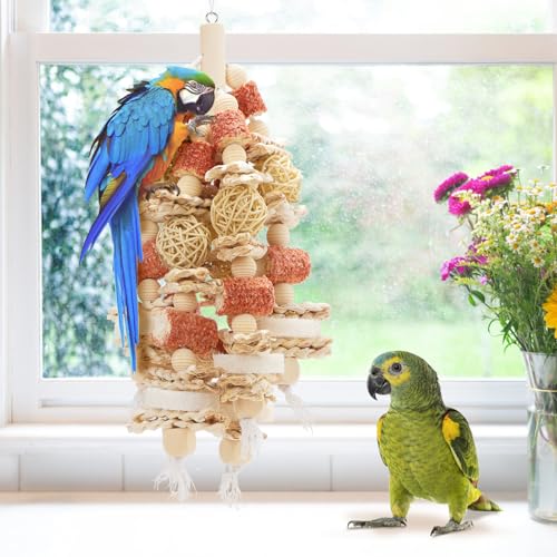 Bird Toys that is 17.5 Inches in Length, Parrot Toy Designed for Chewing Features Natural Corn cob and Loofah Slices, Can Be Hung in Large and Medium-Sized Parrot Cages