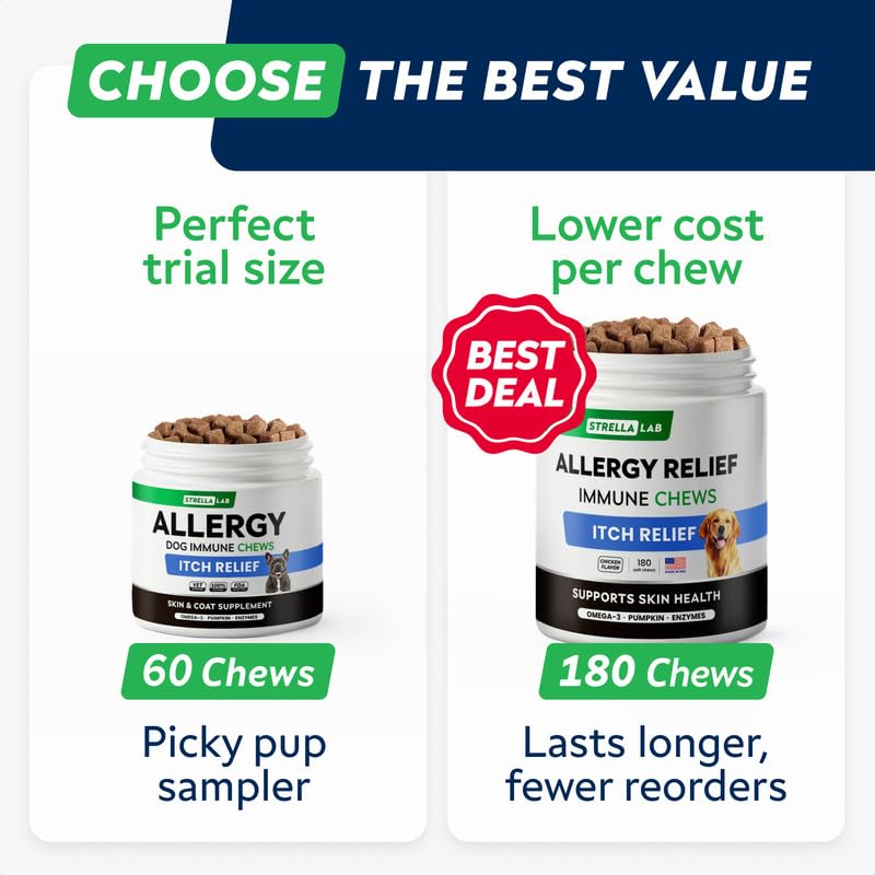 StrellaLab Dog Allergy Relief & Anti Itch Support Chews w/Omega 3: Real Ingredients, Real Taste! Skin & Coat Immune w/Fish Oil, Pumpkin & Enzymes