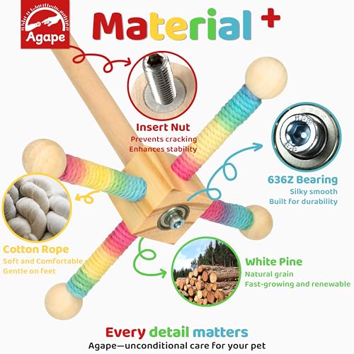 Agape Bird Toy, Parrot 360° Interactive Rotating Perch, Bird Cage Accessories for Small and Medium Parrots to Expend Energy, Wooden Stand for Parakeets Cockatiels Lovebirds Conures Finches Budgies