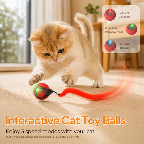 Geamen Interactive Cat Toys with Bird Sounds & 3 Speed Modes, Rechargeable Automatic Moving Cat Toy with 3 Tails, Fast Charging Smart Rolling Ball