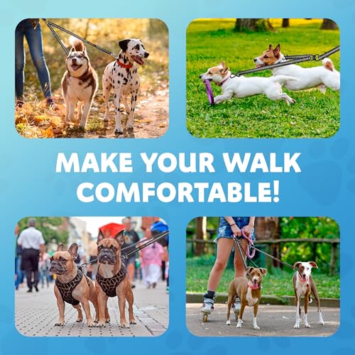Double Dog Leash – Adjustable Length Long Leash for Dog Training – Dual Reflective Dog Leash with Non-Tangle Design – Heavy Duty Nylon and Metal