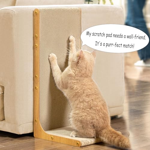 Cardboard Cat Scratcher,23 Inch L Shape Scratch Pad Wall Mounted,Vertical Scratching Board, Durable Cardboard to Protect Furniture for Indoor Cats,Wood Grain Large