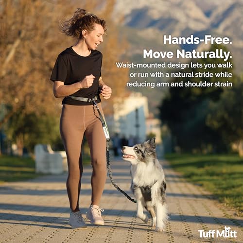 Tuff Mutt Hands Free Dog Leash for Walking Running Hiking, Waist Leash with Bungee, Adjustable Belt, Reflective Double Handle Design for Large Medium