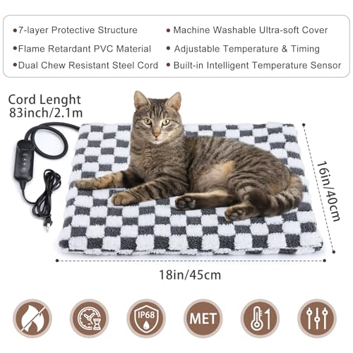 MIXJOY Heated Cat Bed, 11 Adjustable Temperature Cat Heating Pad Indoor with Timer, Pet Heating Pads for Cats Dogs, Electric Dog Heat Pad with Washable Cover, Heated Pet bed-18''x16'', Small