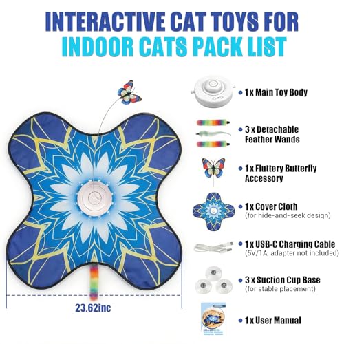 Interactive Cat Toy for Indoor Cats, Touch Activated Automatic Electronic Cat Toy with Sound On/Off, Dual Wands, Non-Slip Suction Cups, Rechargeable