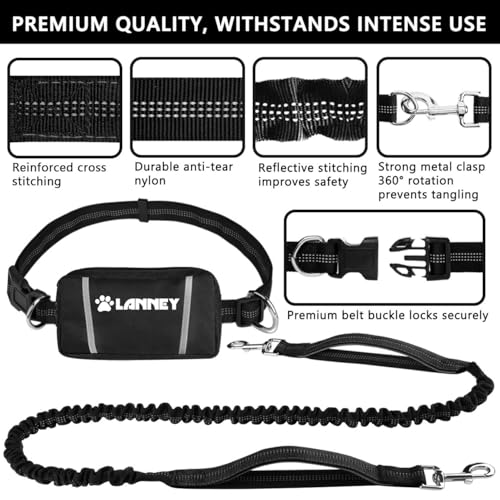 Hands Free Dog Leash, Waist Running Leash with Zipper, Walking Pouch for Medium Large Dogs, Dual Handle and Retractable Bungee for Training Jogging