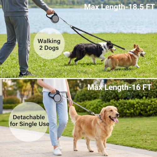 Dual Retractable Dog Leash for 2 Large Dogs (Up to 110 Lbs Each) - 18.5 FT Extendable Double Headed Pet Leash with Poop Bags, Non Slip Grip - One