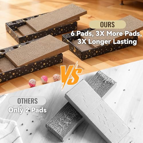 6-Pack Cat Scratcher Cardboard with 3 Box Loungers, Reversible Cat Scratching Pad Refills with Bell Toys, High Density Corrugated Scratch Board for Indoor Cats (Starry Night Design)