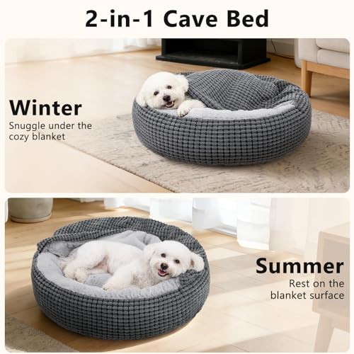 SIWA MARY Small Dog Bed with Attached Blanket, Cozy Donut Cuddler Anti-Anxiety Hooded Pet Beds Calming Cave Bed. Orthopedic Round Puppy Beds for Dogs or Cats Washable, Anti-Slip Bottom, 23inch