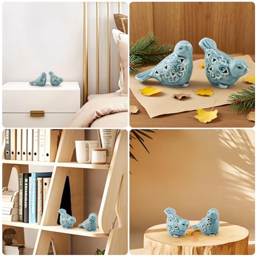 Pair of Blue Bird for Home Decor, Farmhouse Ceramic Bird Statue Sculpture Birds Ornaments, Small Decor for Shelves Entryway TV Stand Bookcase, Garden Micro Landscape Accessories
