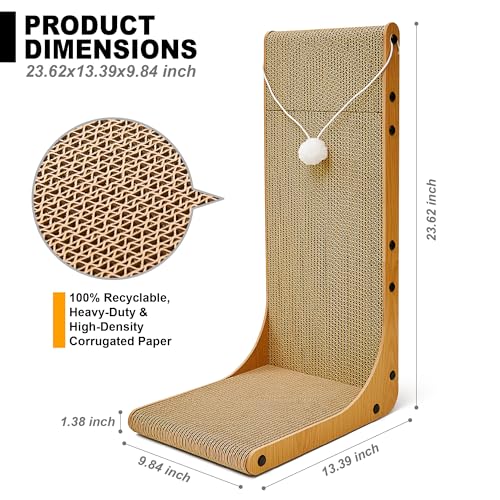 Value 2-Pack 23.6 Inch L-Shaped Cardboard Cat Scratcher, Dual Use (Vert/Horiz) Scratch Pad with Toy Balls, Wall-Mountable Furniture Protector Cat Scratchers for Indoor Cats, Couch & Wall