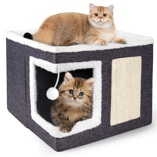 Cat Houses for Indoor Cats - Large Cat Bed Cave with Scratch Pad and Fluffy Ball, Foldable Cat Condo Hideaway with Reversible Cushion for Multi Small Pet, Dark Grey