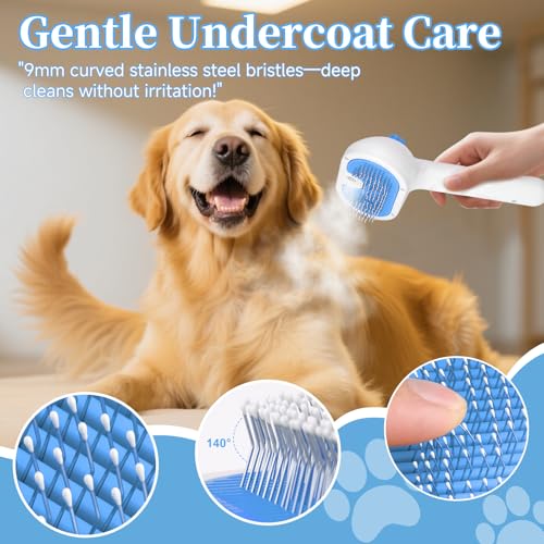 Pet Steam Brush for Dog & Cat - 3-in-1 Steam Grooming Brush for Shedding & Hair Removal - Self Cleaning Spray Comb with Mist for Long Haired Pets - Includes 1*Waterless Shampoo, Blue.