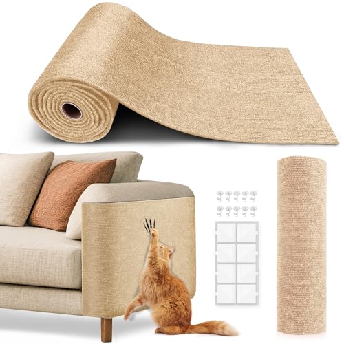 Cat Scratch Furniture Protector, Trimmable Self-Adhesive Carpet, DIY Climb Cat Scratcher Mat for Covering Cat Tower and Couch Protector from Cat Claws（Beige）