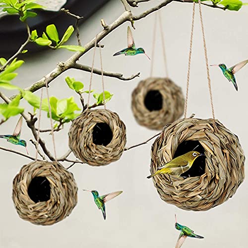 winemana 4 Pack Hanging Bird Nest House for Outside, Ball Shape, Hand Woven, Durable Sturdy, Made of Natural Grass, Perfect for Garden Patio Lawn Office Indoor