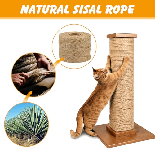 Natural Sisal Rope for Cat Scratcher, 1/4 Inch x 164 Feet Cat Rope, Heavy Duty Sisal Twine for Cats Scratching Post Replacement, and Crafts Gardening Home Decorating