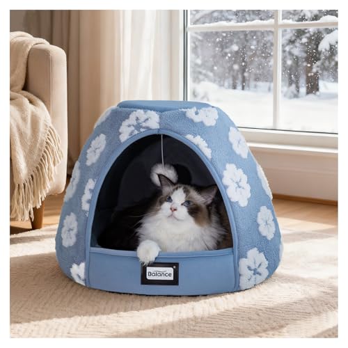 BALANCE Cat Beds for Indoor Cats, 2-in-1 Cat Bed Cave with Anti-Slip Bottom and Ultra-Soft Plush, Cozy Cats House Tent for Kittens and Small Dogs, 19 Inches, Blue