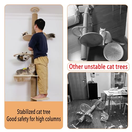 Floor to Ceiling Cat Tree Height (50-120.5in) Adjustable Cat Tower 5 Tier Hemp Scratching Post High Cat Tree Sturdy Activity Tree Indoor Outdoor Cat Scratching Post Activity Center