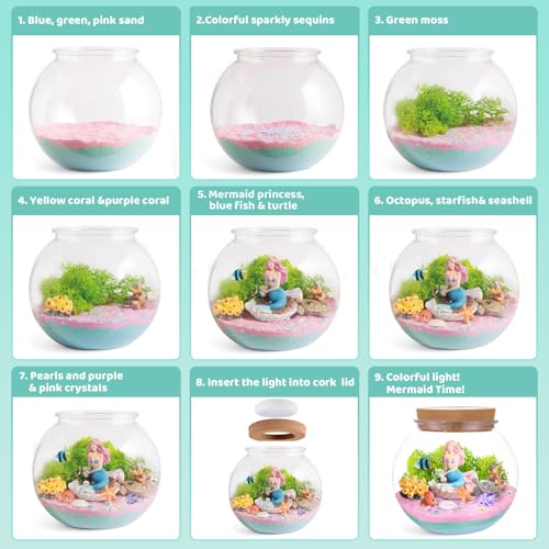 JOYEEMAX Mermaid Light-Up Terrarium Kit for Kids - LED Night Light Birthday Gift for Girls Ages 4 5 6 7 8-12 Year Old - Mermaid Toys for Girls - DIY Arts and Crafts Kit for Kids