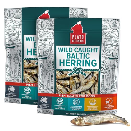 Plato Pet Treats Fish Dog Treats - Air-Dried, Single Ingredient Pet Treat - Omega 3 & 6 Fatty Acids to Support Skin and Coat - 100% Whole Fish - Wild Caught Baltic Herring - 3oz - 2 Pack