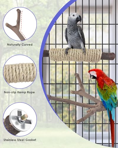 Bissap 5PCS Large Bird Perch Stand, Natural Wood Pole Standing Paw Grinding Fork Parrot Cage Branch with Rope for Macaw African Grey  Pet Medium Large Birds Cage Accessories