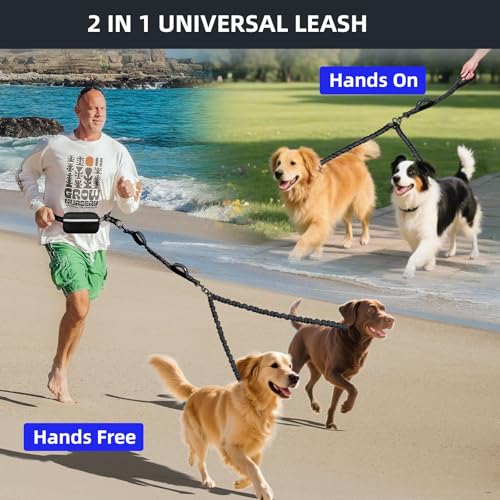 Uppetly Hands Free Double Dog Leash with Pouch, Dual Leash for 2 Dogs with Reflective Padded Handles, Durable Bungee and Lumbar Waist Belt for