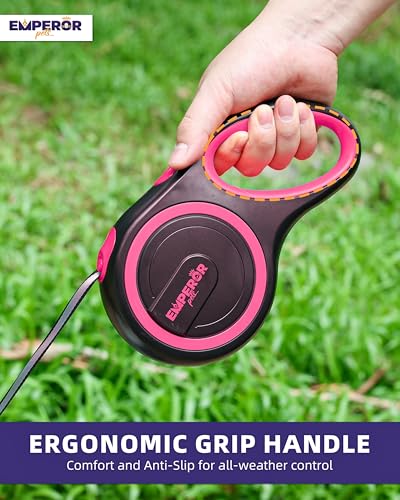 Emperor Pets Pink Heavy Duty Retractable Dog Leash 26 ft – Tangle-Free Nylon Tape, Anti-Slip Grip, Reflective – Retractable Leash for Medium Large
