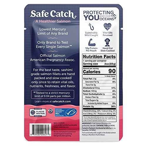 Safe Catch Wild Pacific Pink Salmon Skinless Boneless Wild-Caught Salmon Fish Pouch, Mercury Tested, Kosher, 12-Pack Salmon Pouches 3oz Packets