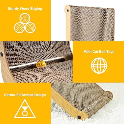 Cat Scratcher, 26.8 Inch L-Shaped Cat Scratch Pad with Wall-Friendly Arc, Cardboard Cat Scratching Board with Ball Toy for Indoor Cats