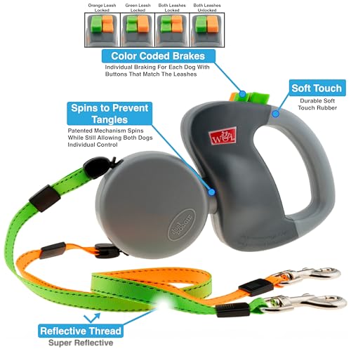 WIGZI - 2025 Enhanced Edition - Dual (2) Dog Retractable Leash, Auto-Untangles, Supports Up To 50lb Dogs, 10ft Distance Each Dog, Color-Coded