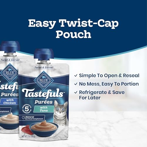Blue Buffalo Tastefuls Purées Variety Pack Wet Cat Food Complement (Chicken & Tuna) Made with Natural Ingredients, for All Life Stages, 3-oz.