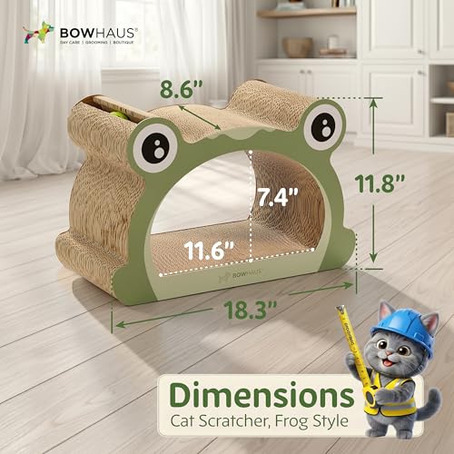 BOWHAUS Frog Style Cat Scratching Board, Cat Scratcher Lounger with Play Ball for Indoor Cat, Durable & Long-Lasting Scratching Board Cardboard