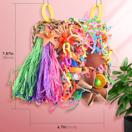 KATUMO Conure Toys, Bird Grass Mat Parakeet Shredder Hanging Toy Cockatiel Foraging Entertainments Parrot Climbing Wall Chewy Lovebird Cage Playthings for Small to Medium Birds