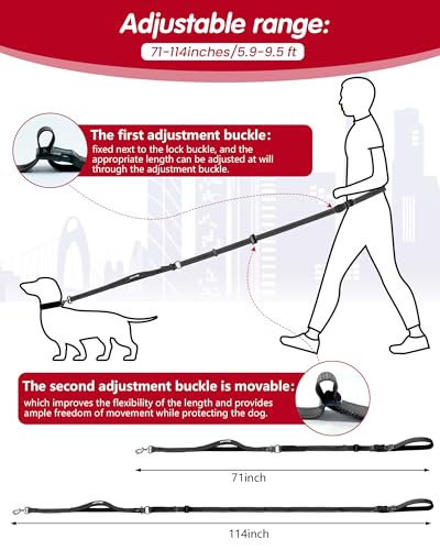 Hands Free Dog Leash, Multifunctional Crossbody Dog Leash, 5.9-9.5Ft Long Waist Belt with Car Safety Buckle and Double-Sided Reflective Stitches for
