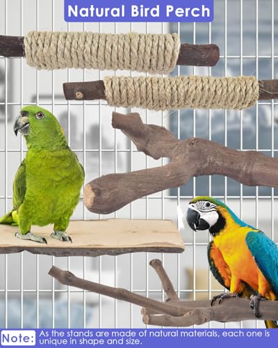 Bissap 5PCS Large Bird Perch Stand, Natural Wood Pole Standing Paw Grinding Fork Parrot Cage Branch with Rope for Macaw African Grey  Pet Medium Large Birds Cage Accessories