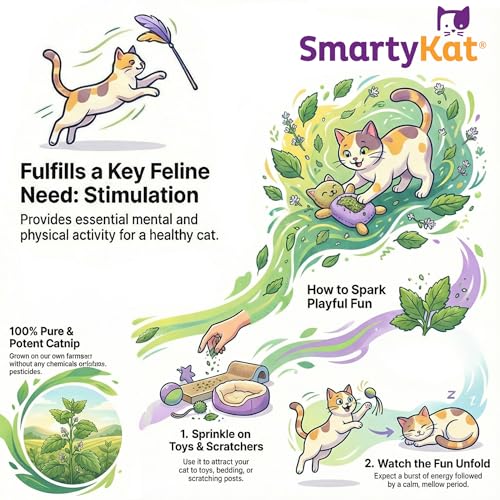 SmartyKat Natural Catnip Canister, 100% Natural Cat Nip for Cats, Premium Dried Catnip for Indoor Cats, Positive Training Aid for Play and Exercise, Resealable Shaker Bottle, 2 Ounces