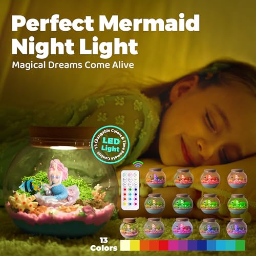 JOYEEMAX Mermaid Light-Up Terrarium Kit for Kids - LED Night Light Birthday Gift for Girls Ages 4 5 6 7 8-12 Year Old - Mermaid Toys for Girls - DIY Arts and Crafts Kit for Kids