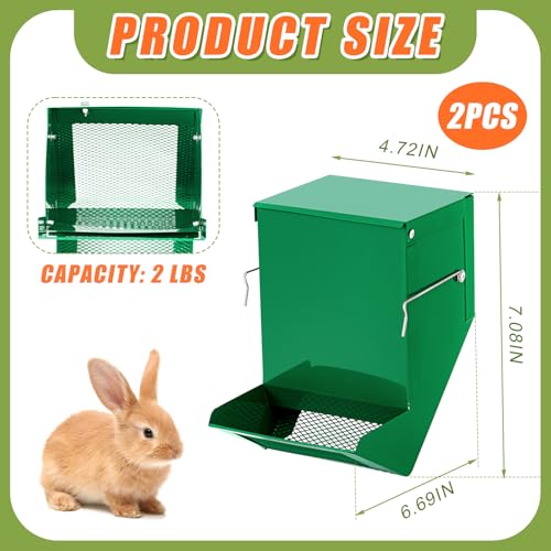 Maxcheck 2 Pcs Rabbit Feeder for Cages Small Animal Food Pellet Dispenser with Lid Metal Chicken Grit Oyster Shell Squirrel Feeders Outside(4.7 Inches,Mesh Bottom,Green)
